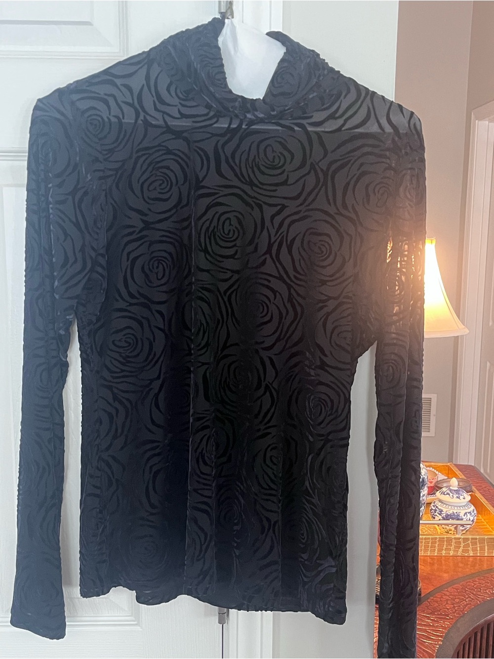 White House Black Market Black Rose Burnout Mock Neck Long Sleeve Top